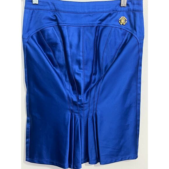 Roberto Cavalli Skirt Size 38 US Size 2 Royal Blue Pleated Gold Logo Preppy - Picture 8 of 10